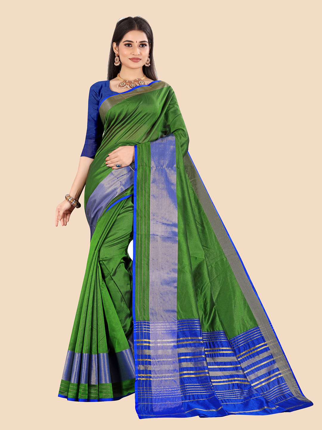 

VAIRAGEE Olive Green & Blue Poly Silk Saree