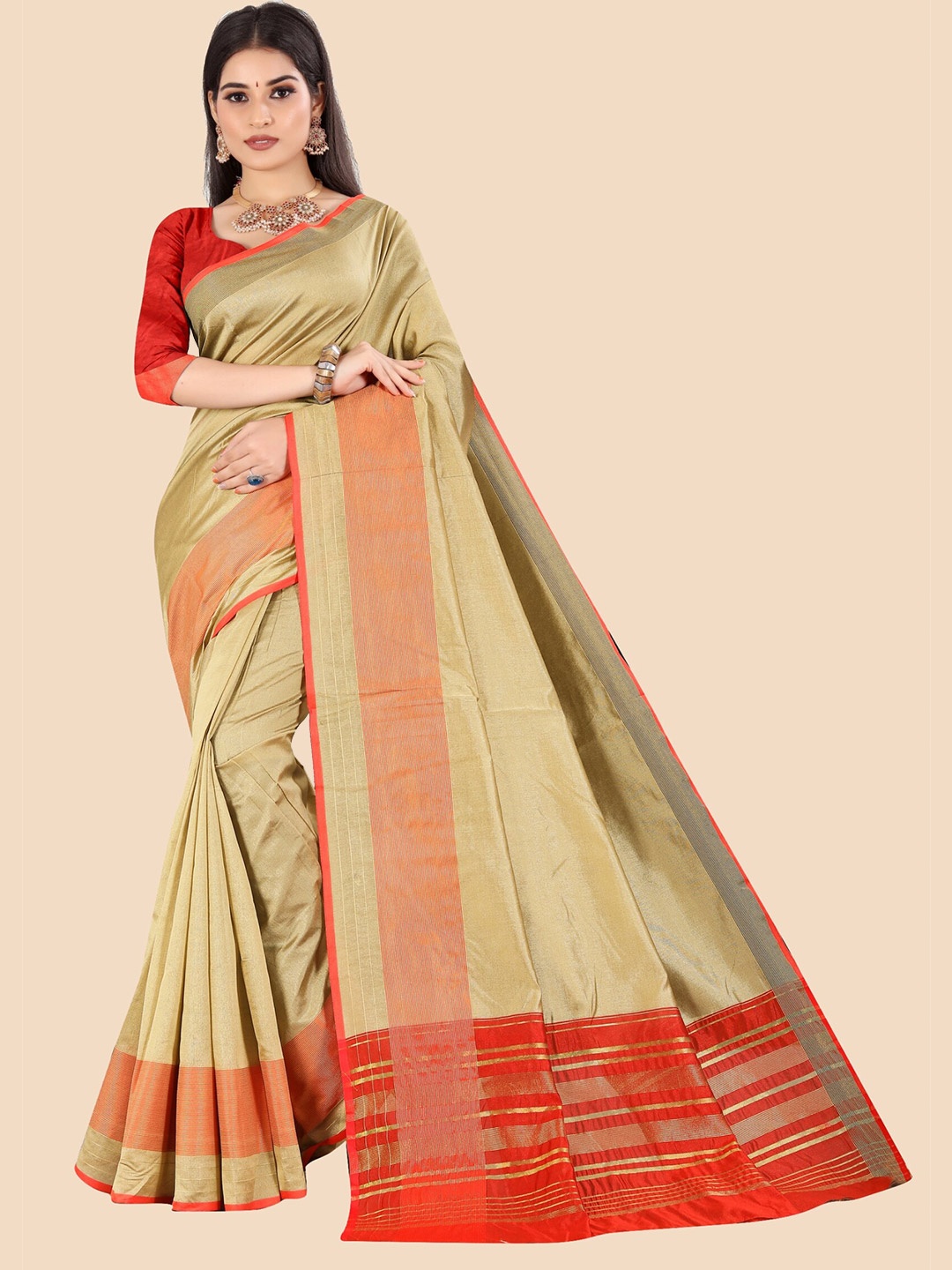 

VAIRAGEE Cream-Coloured & Orange Woven Design Saree