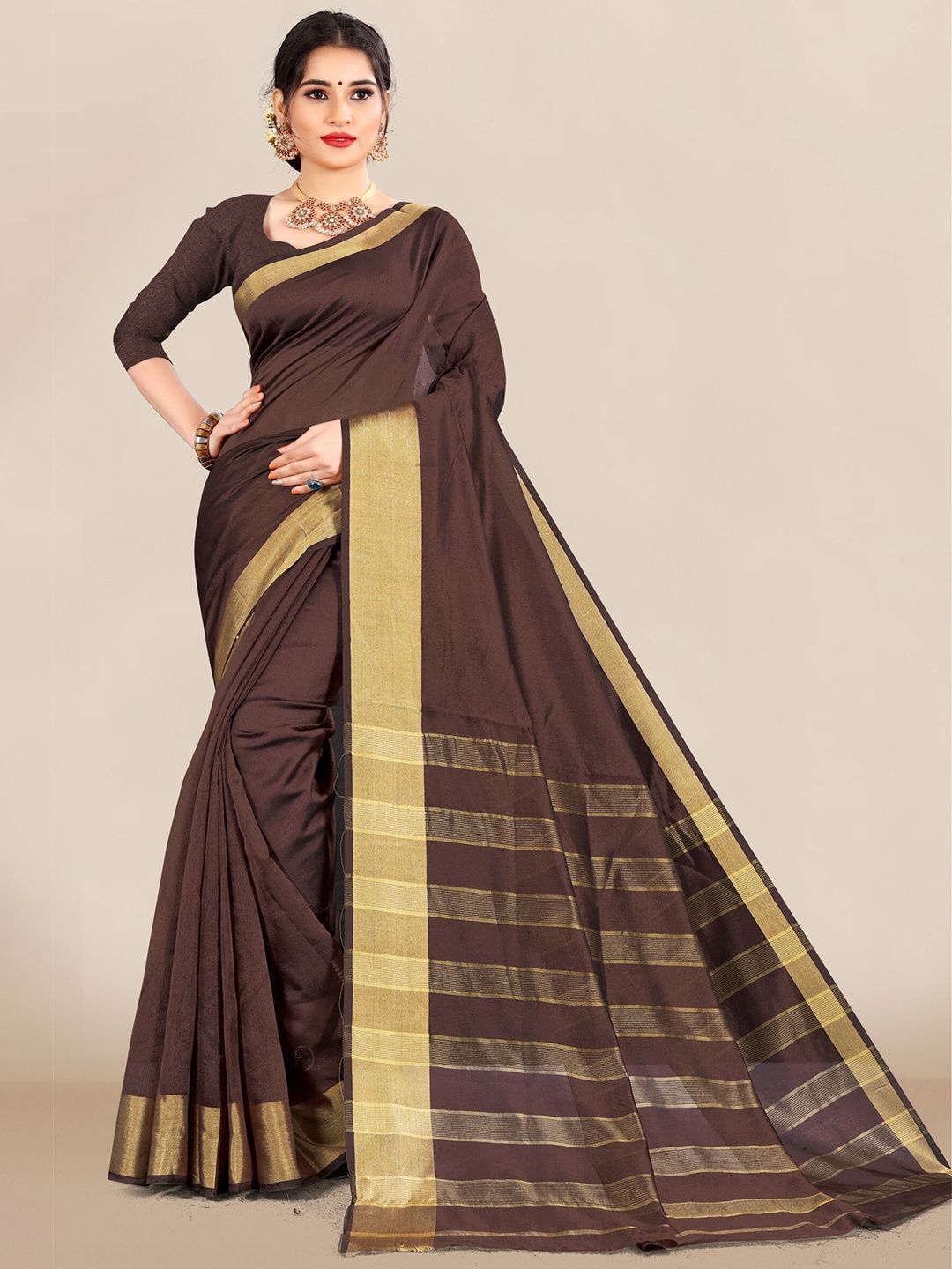 

VAIRAGEE Brown & Gold-Toned Woven Design Saree