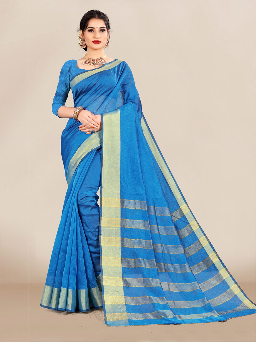 

VAIRAGEE Blue & Cream-Coloured Solid Border Saree