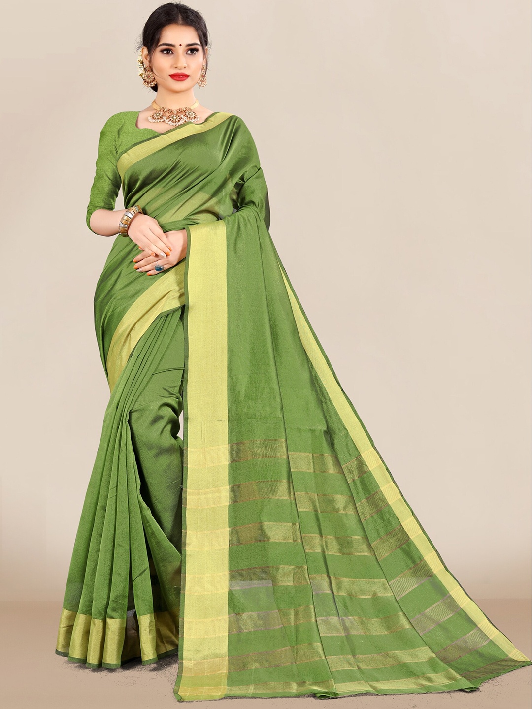 

VAIRAGEE Olive Green & Gold Toned Solid Saree