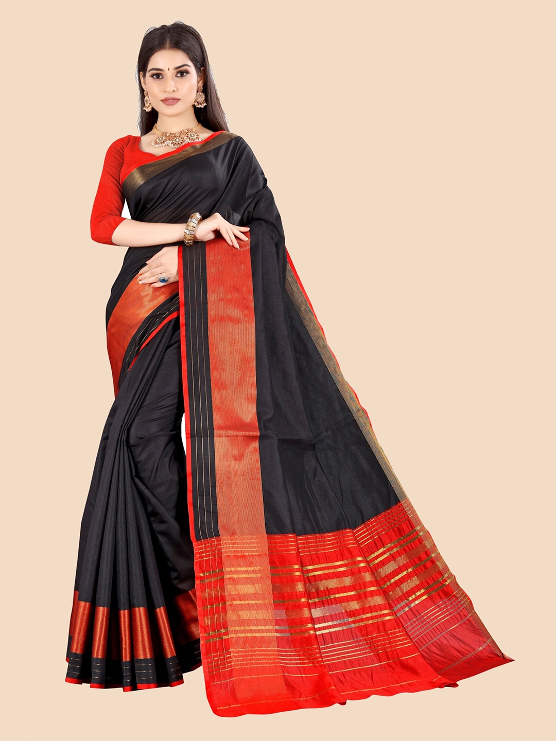 

VAIRAGEE Black & Red Woven Design Saree