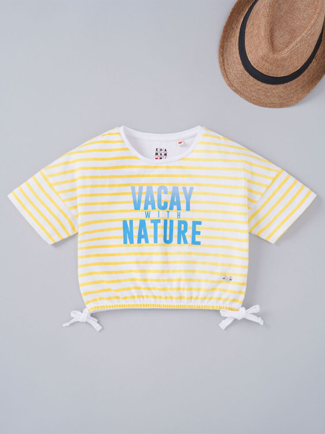 

Ed-a-Mamma Girls Yellow & Blue Typography Striped T-shirt