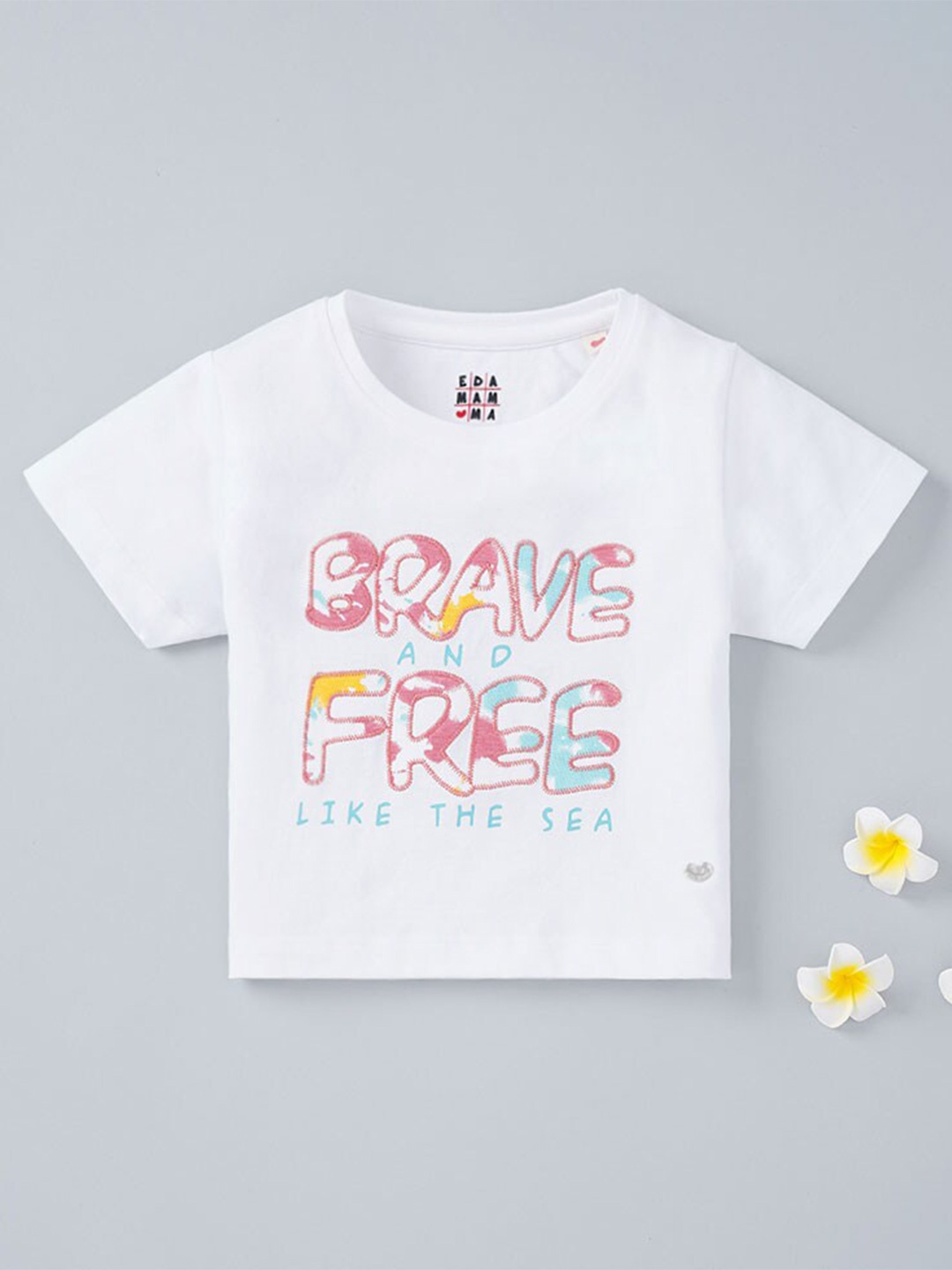 

Ed-a-Mamma Girls White Printed Embroidered Round -Neck T-shirt