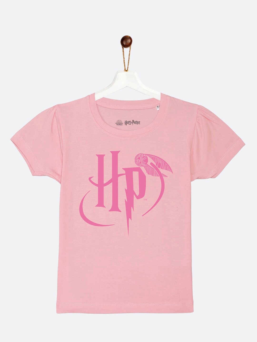 

YK Warner Bros Girls Pink Harry Potter Typography Printed Puff Sleeve Cotton T-shirt