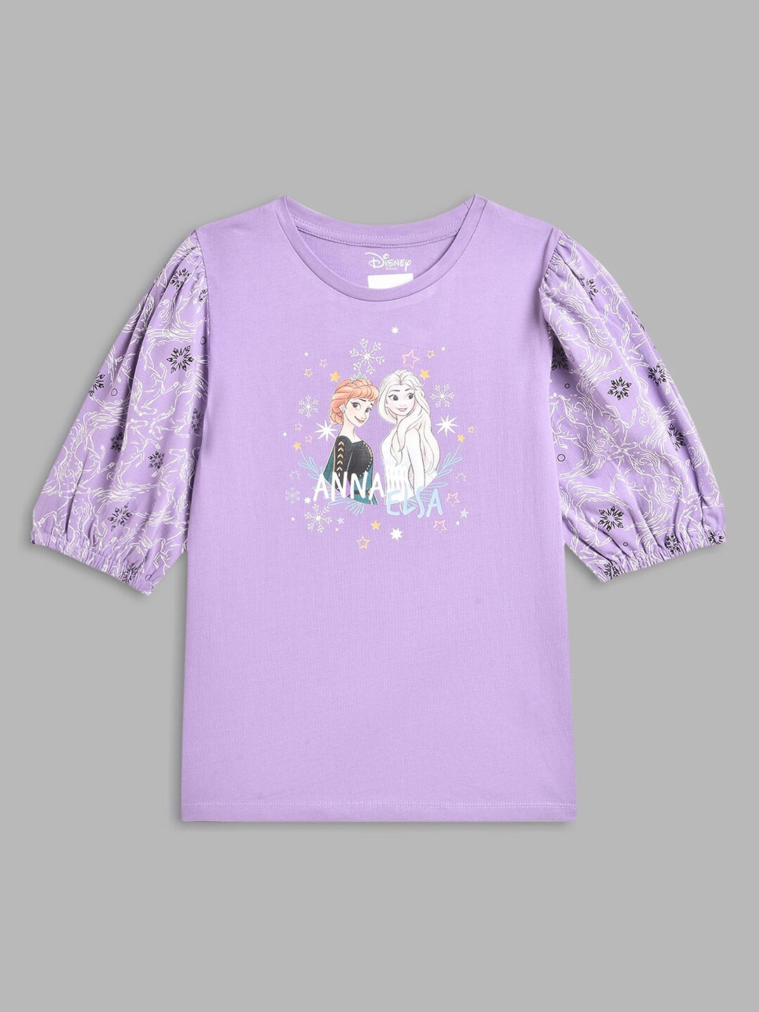 

Blue Giraffe Girls Violet Disney Anna Elsa Printed Puff Sleeves T-shirt