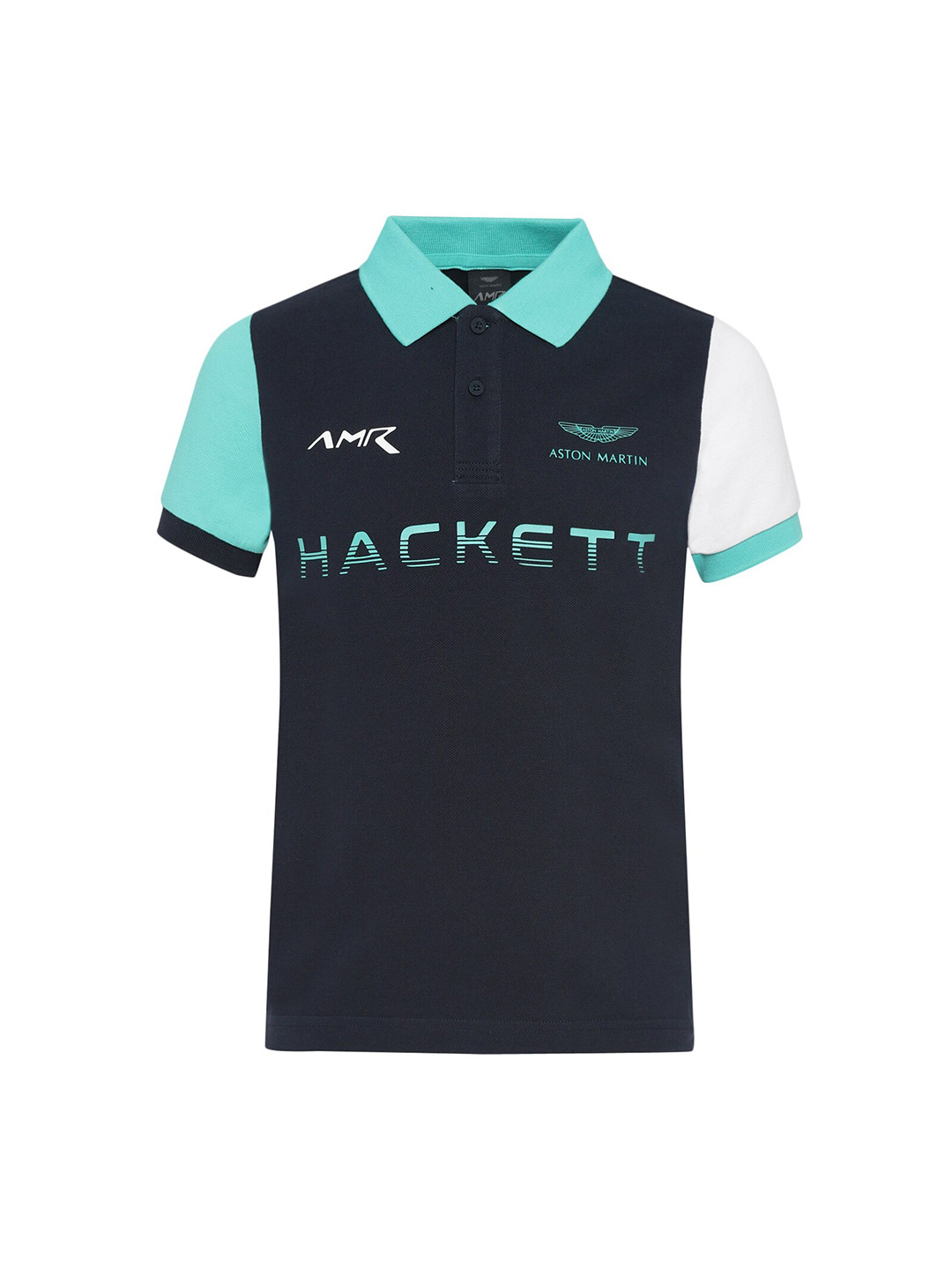 

HACKETT LONDON Boys Navy Blue & Turquoise Blue Brand Logo Colourblocked Polo Collar T-shirt