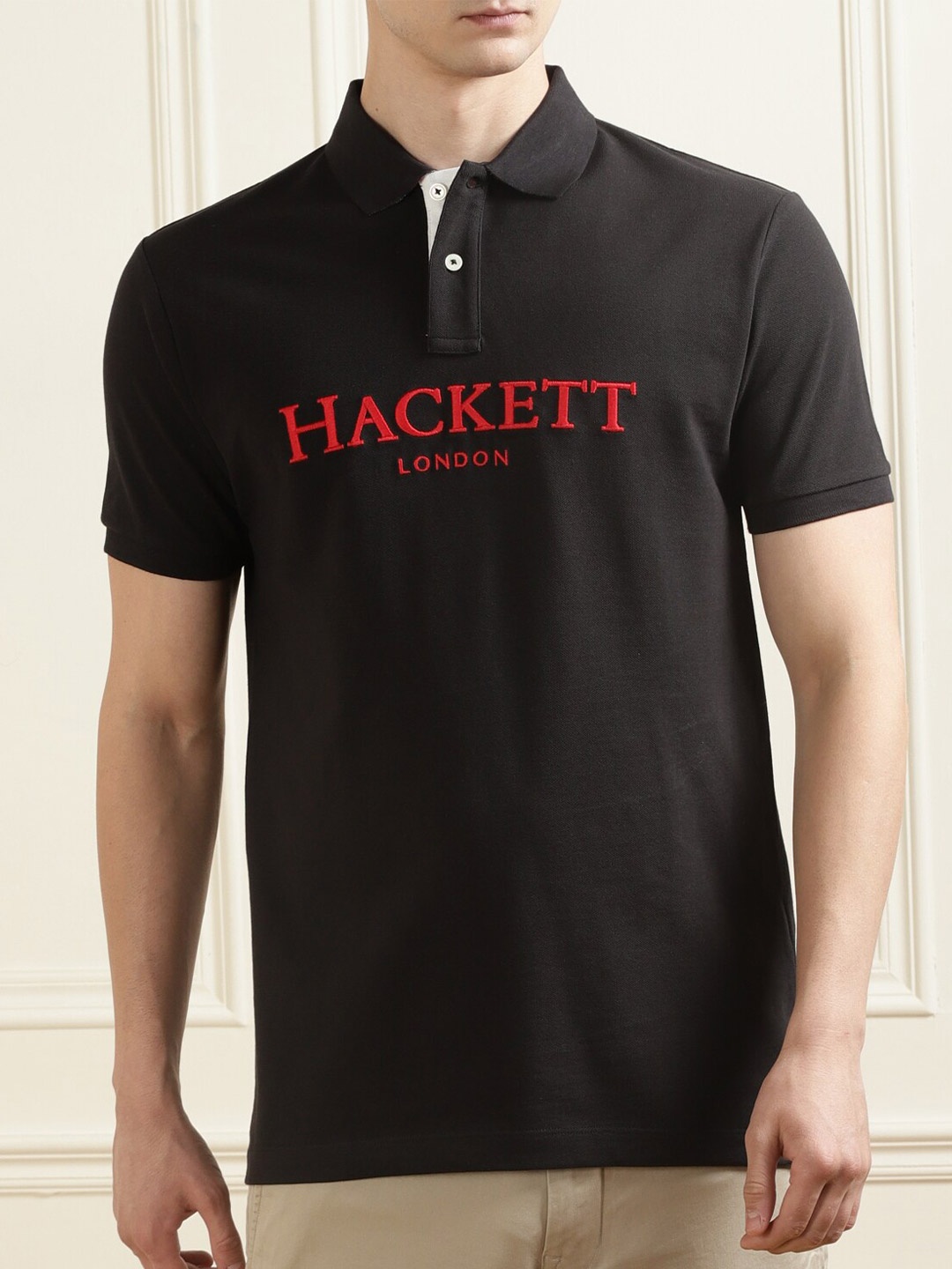 

HACKETT LONDON Men Black Typography Polo Collar T-shirt