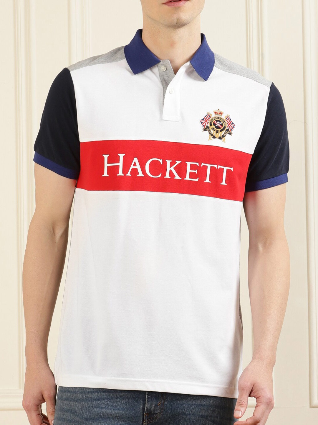 HACKETT LONDON Men White Typography Polo Collar T-shirt