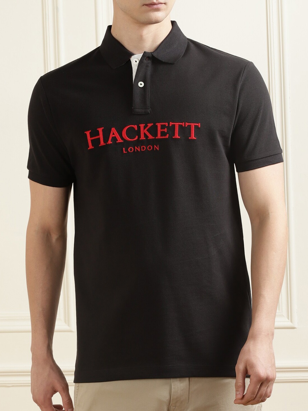 

HACKETT LONDON Men Black Typography Polo Collar T-shirt
