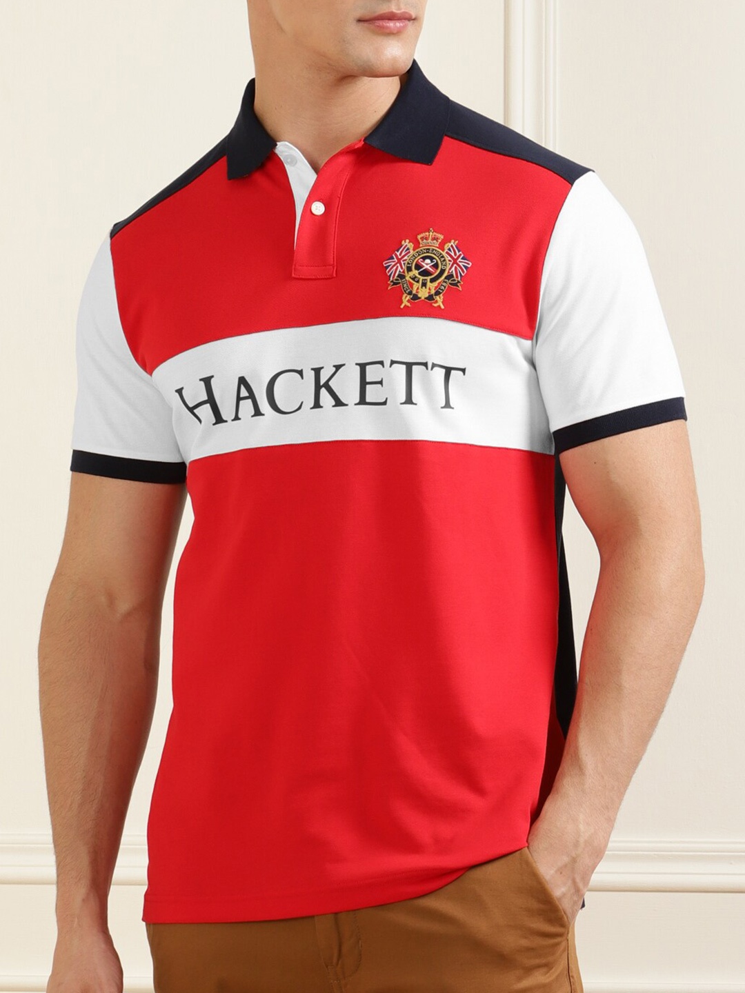 

HACKETT LONDON Men Red & White Colourblocked Polo Collar T-shirt