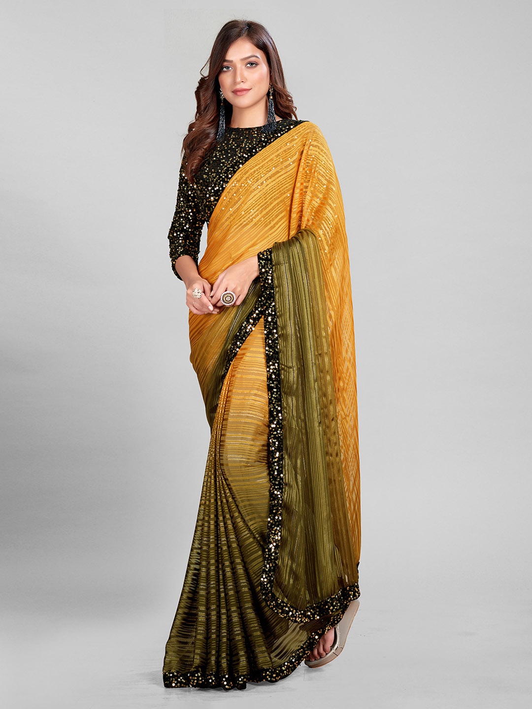 

Mitera Yellow & Green Embellished Sequinned Saree