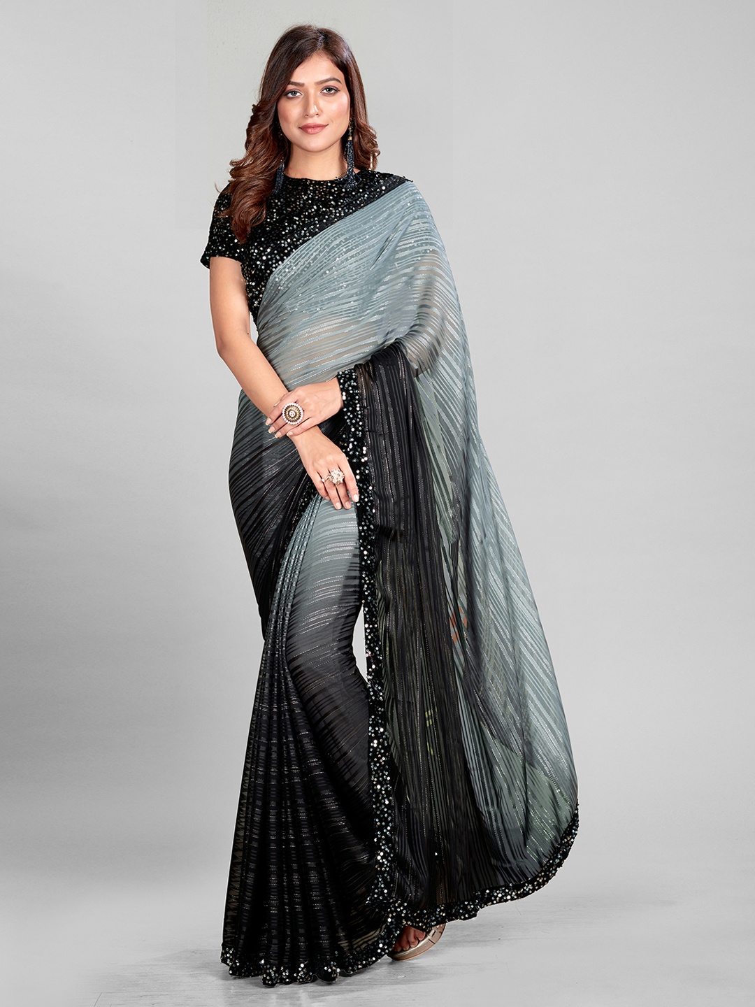 

Mitera Grey & Black Embellished Saree