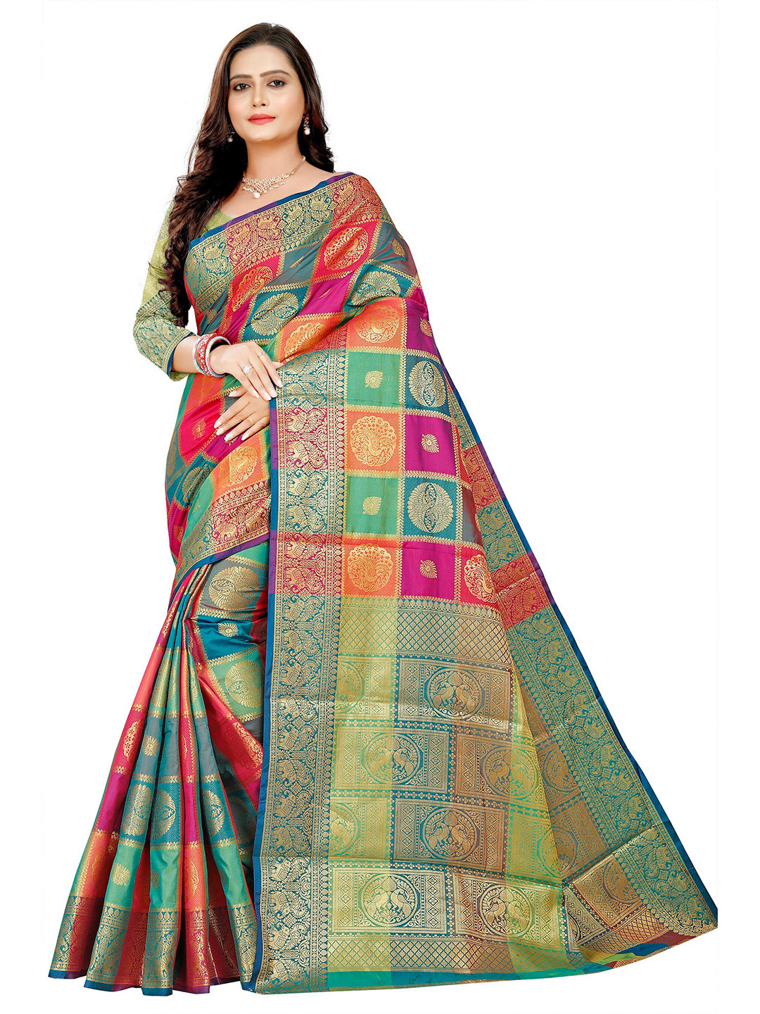 

Rivana Magenta & Blue Woven Design Zari Silk Banarasi Saree