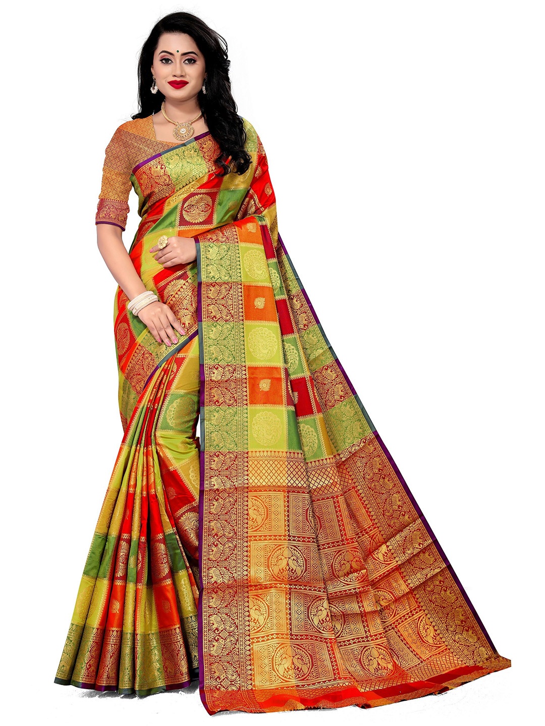 

Rivana Red & Green Woven Design Zari Silk Blend Banarasi Saree