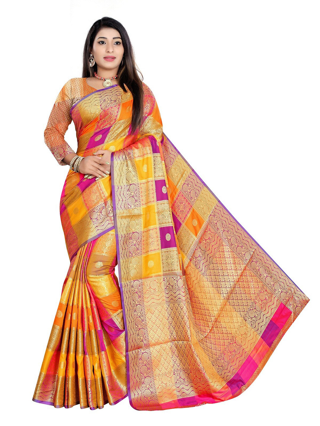 

Rivana Gold-Toned & Purple Woven Design Zari Silk Blend Banarasi Saree