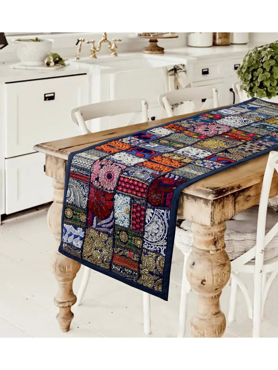 

HANDICRAFT PALACE Navy Blue & Red Khambadiya Patchwork Table Runner