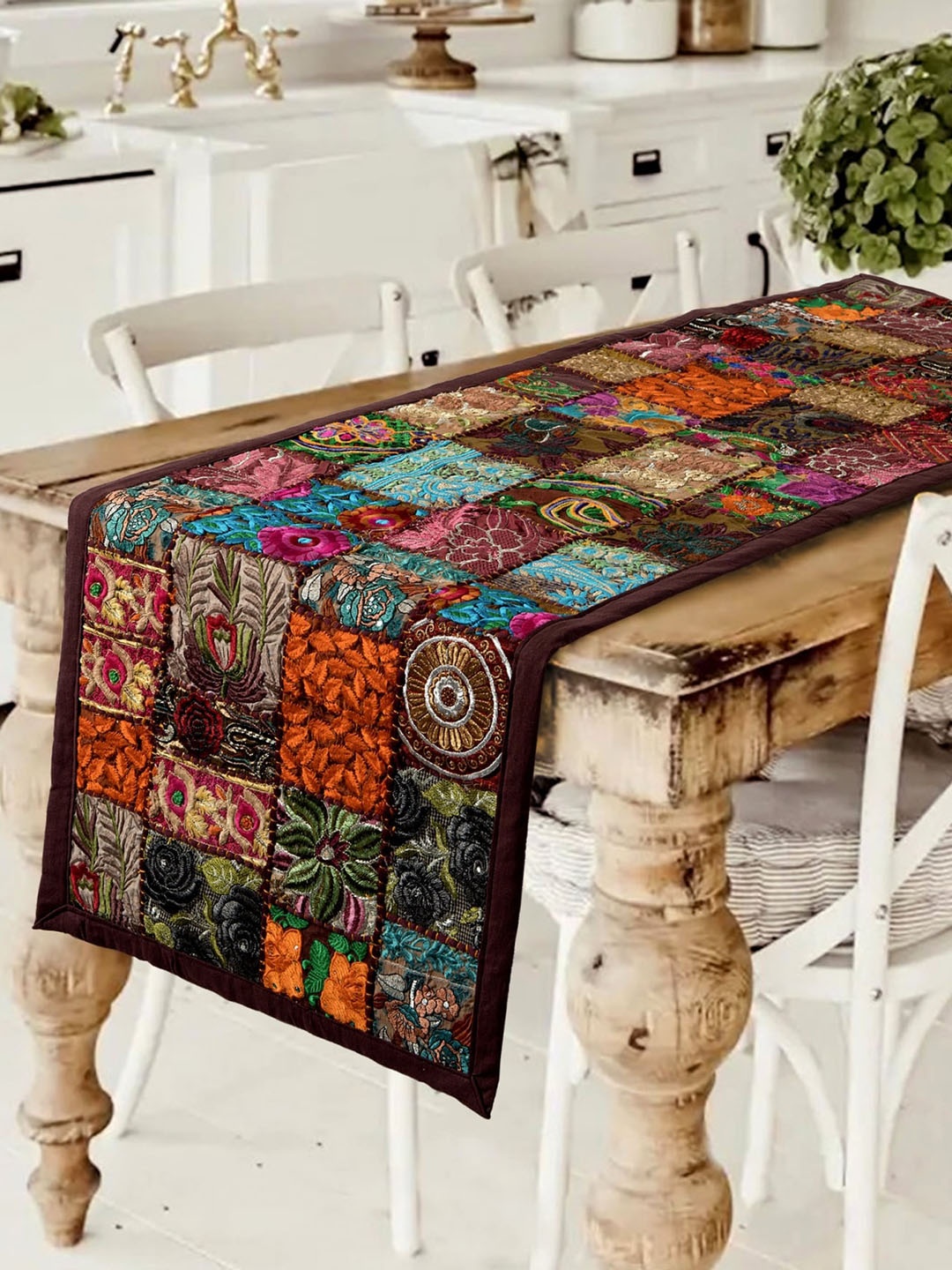 

HANDICRAFT PALACE Brown Khambadiya Patchwork Table Runner