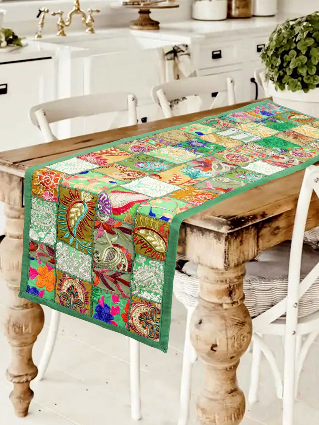 

HANDICRAFT PALACE Green Cotton Khambadiya Patchwork Table Runner