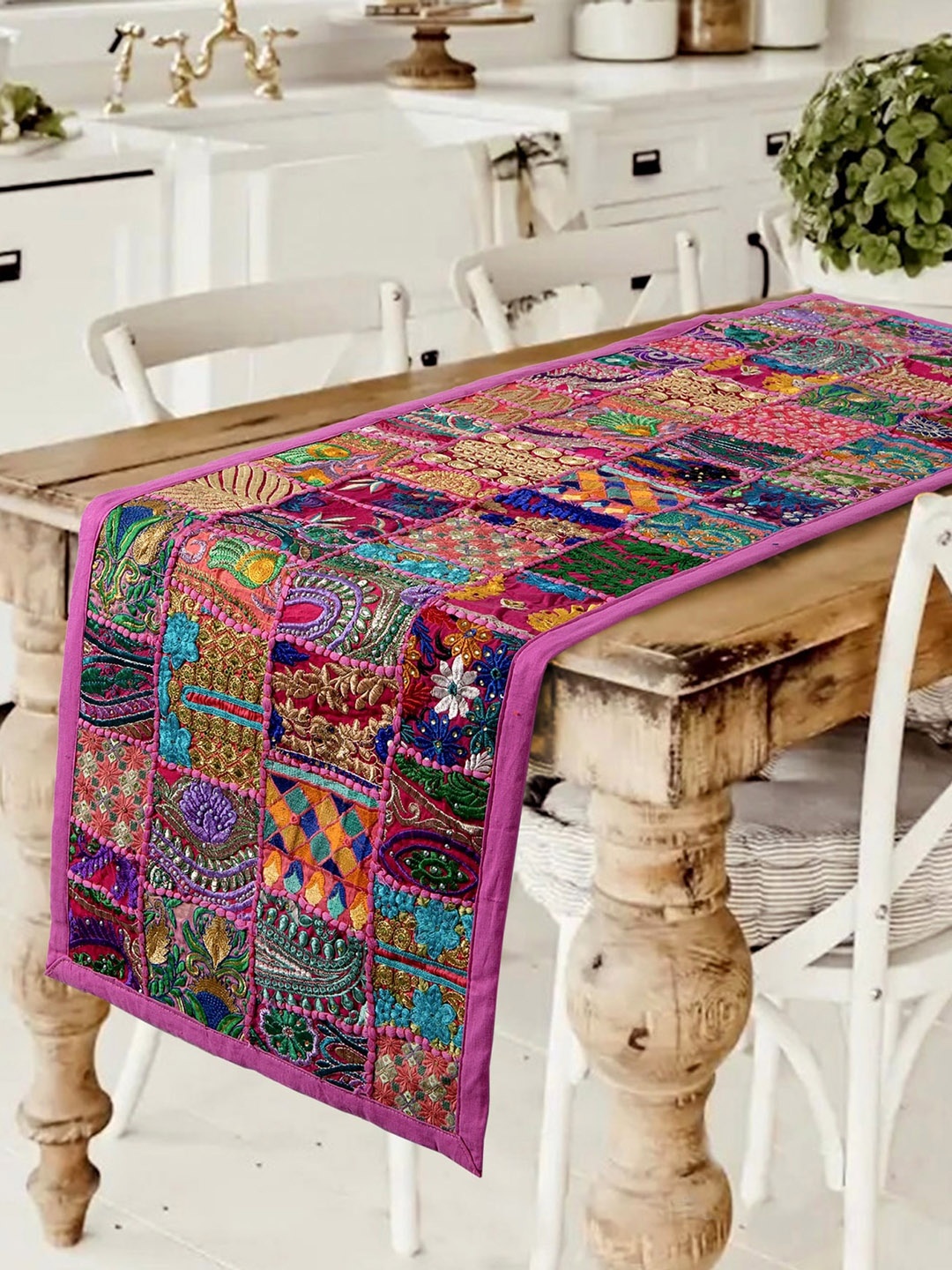 

HANDICRAFT PALACE Pink Khambadiya Patchwork Table Runner