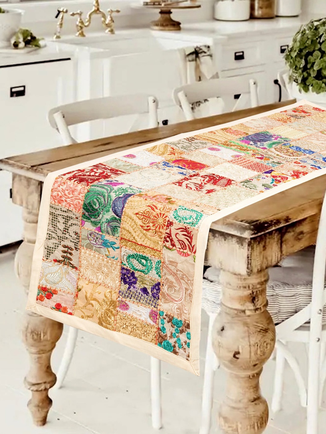 

HANDICRAFT PALACE Beige Embroidered Khambadiya Patchwork Table Runner