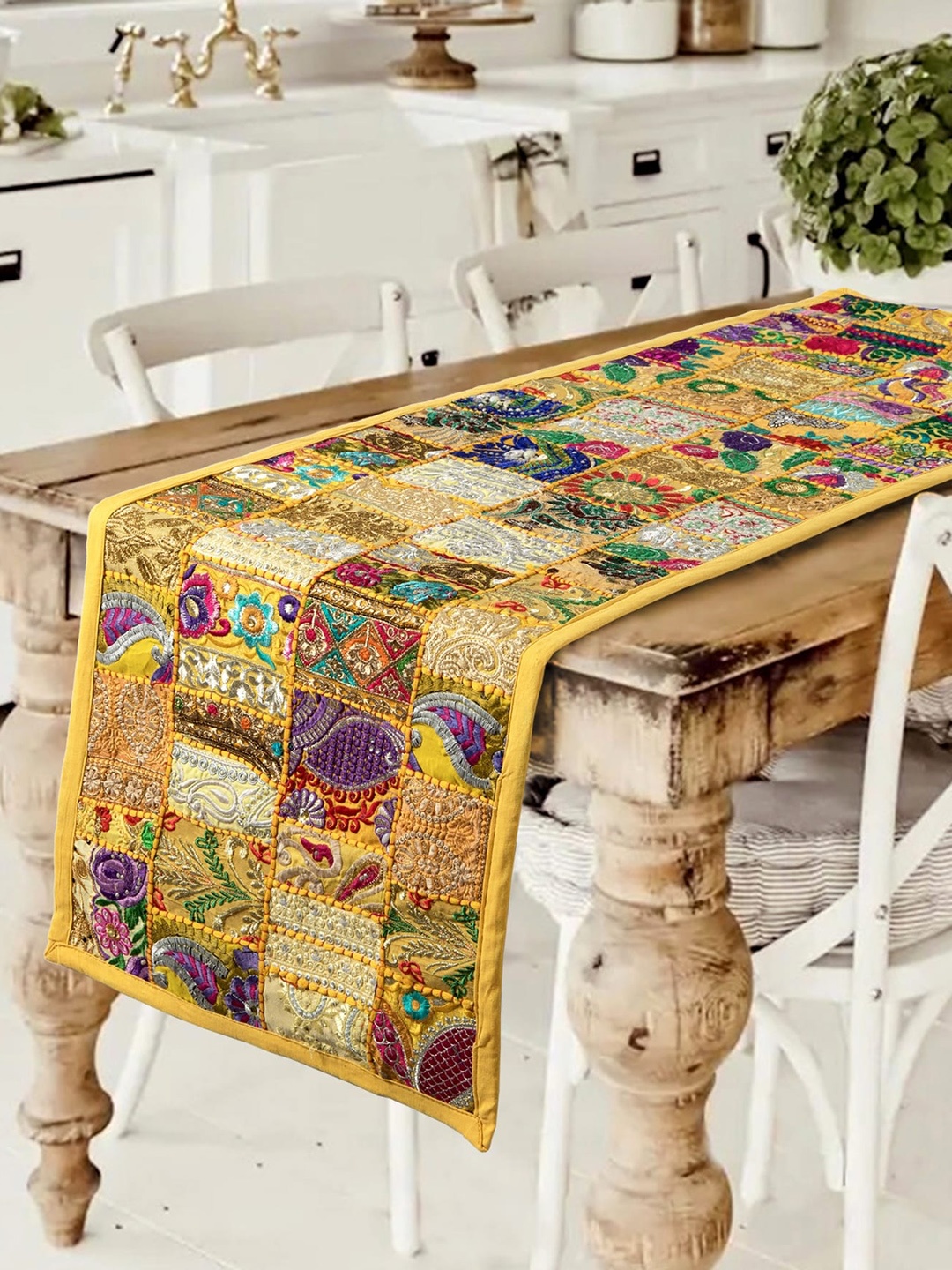 

HANDICRAFT PALACE Yellow Cotton Khambadiya Patchwork Table Runner