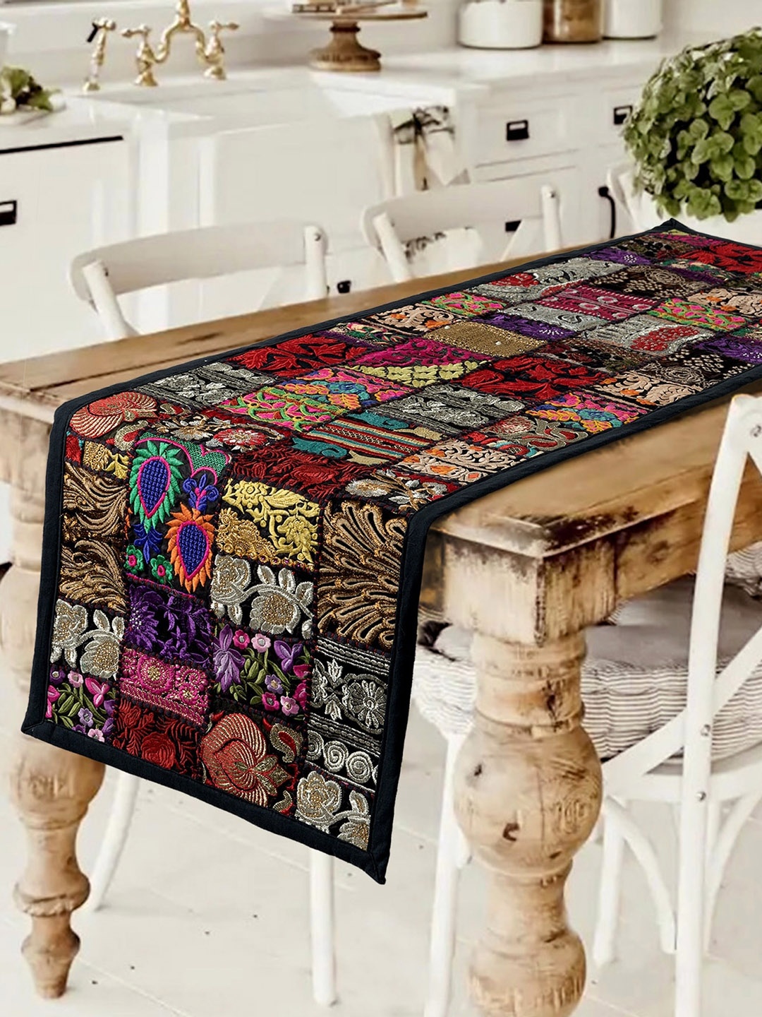 

HANDICRAFT PALACE Black Cotton Khambadiya Patchwork Table Runner