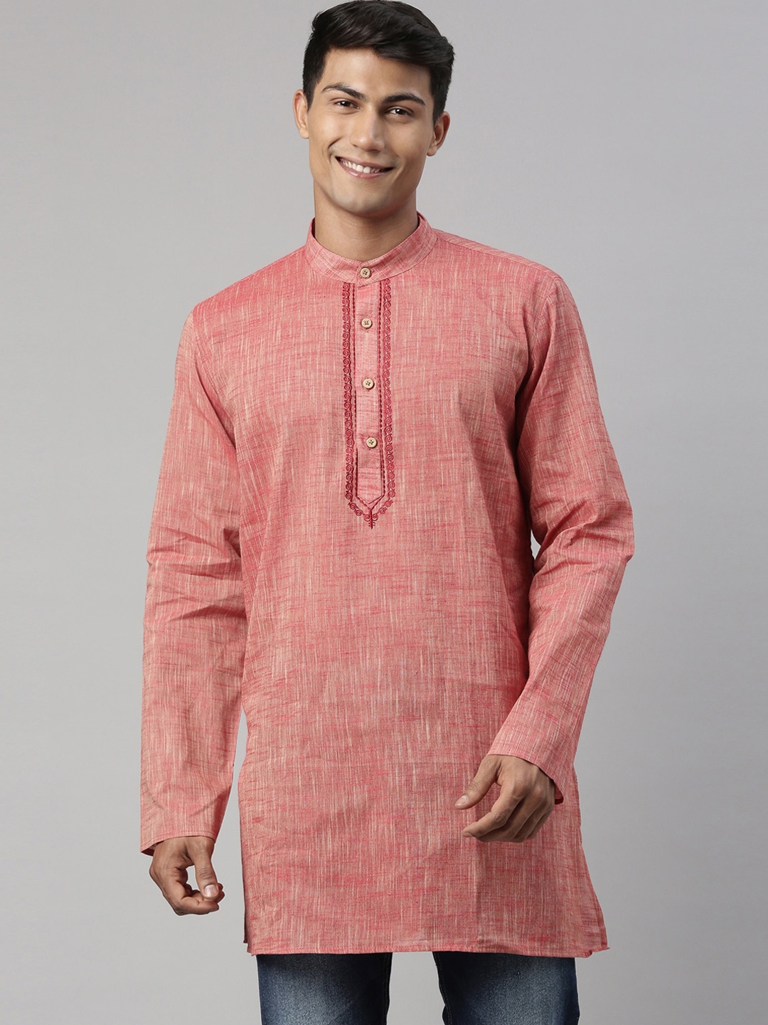 

TATTVA Men Peach-Coloured Yoke Design Thread Work Kurta
