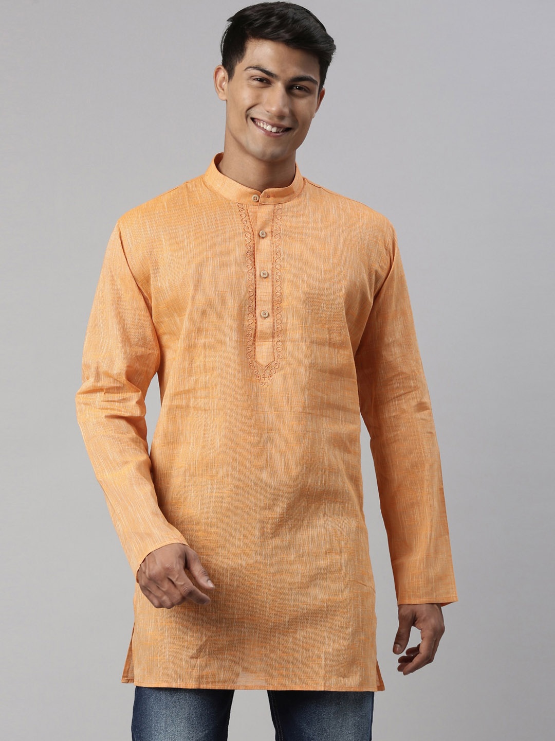 

TATTVA Men Orange Yoke Design Thread Work Kurta