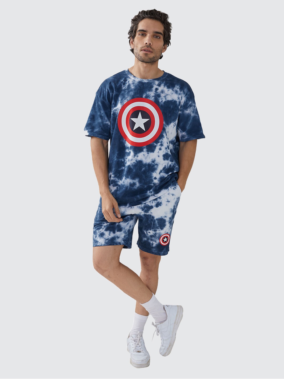

The Souled Store Men Blue & White Dyed Captain America Shield Pure Cotton Co-ords