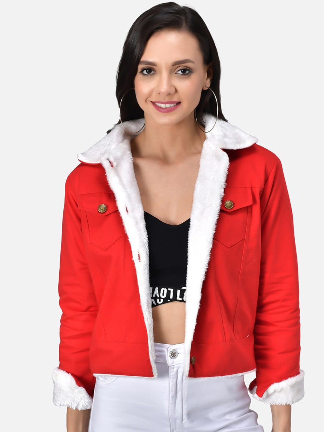 

FurryFlair Women Red Crop Outdoor Open Front Jacket