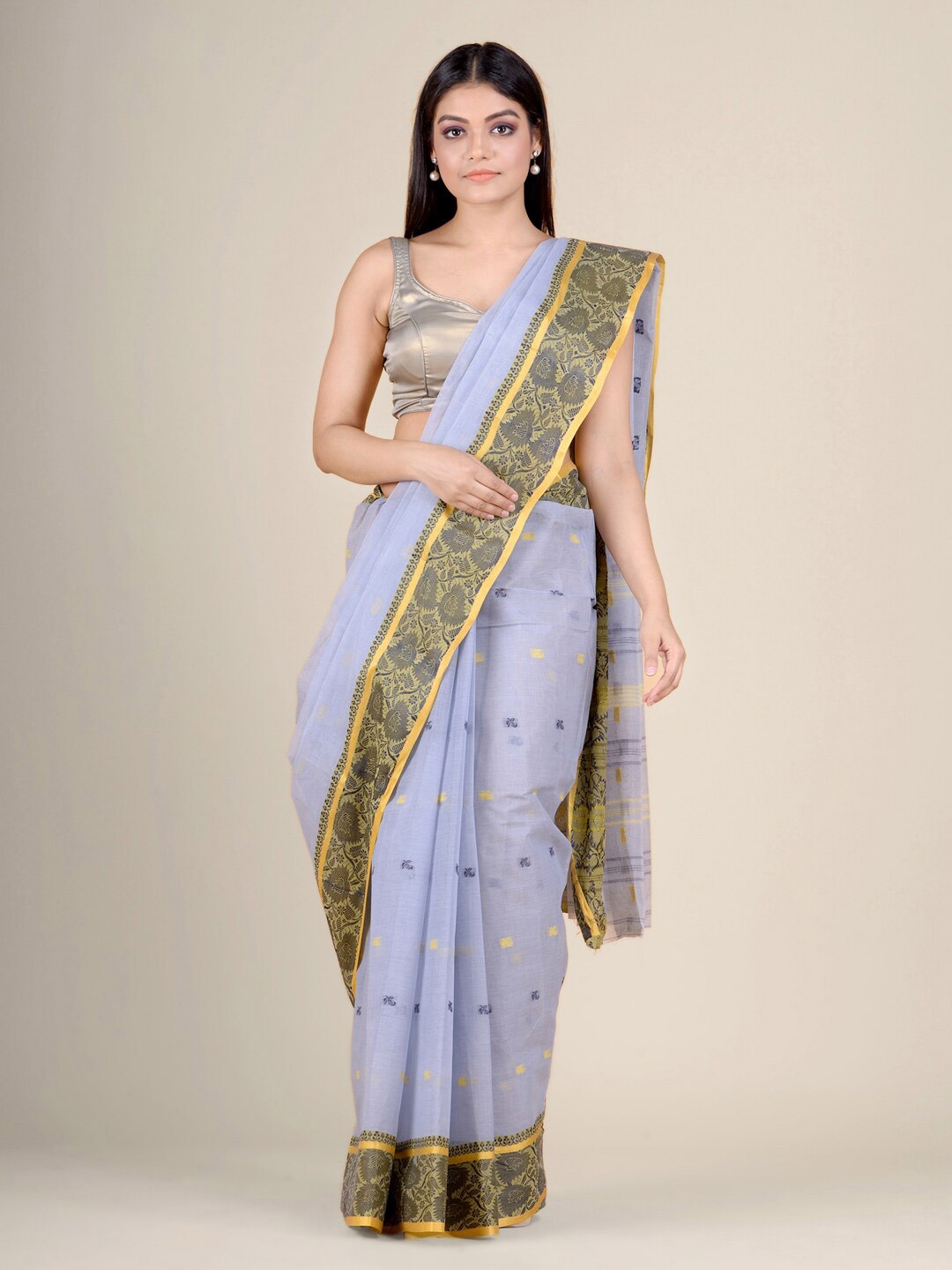 

Charukriti Steel & Grey Woven Design Pure Cotton Taant Saree