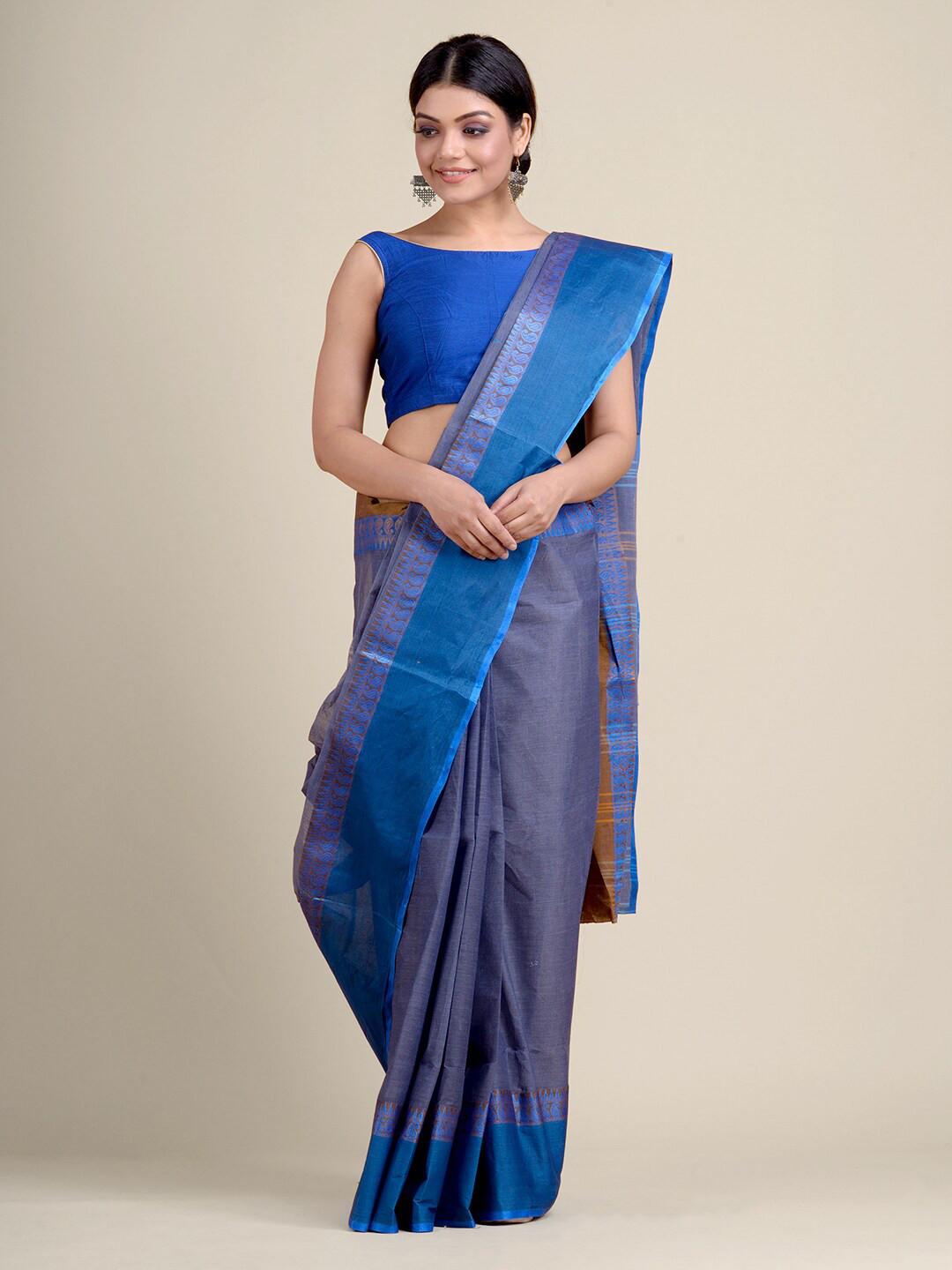 

Charukriti Steel & Brown Woven Design Cotton Taant Saree