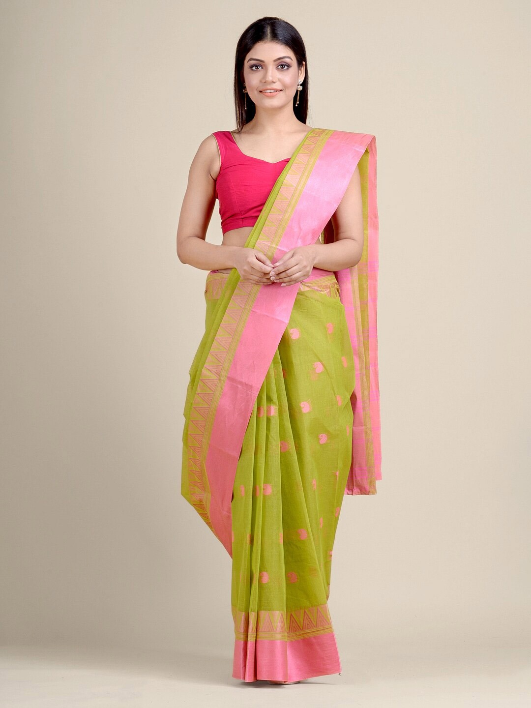 

Charukriti Green & Pink Woven Design Pure Cotton Taant Saree