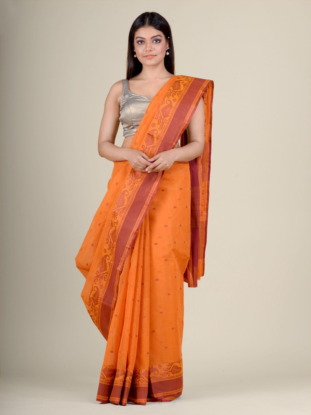 

Charukriti Yellow & Brown Woven Design Pure Cotton Taant Saree