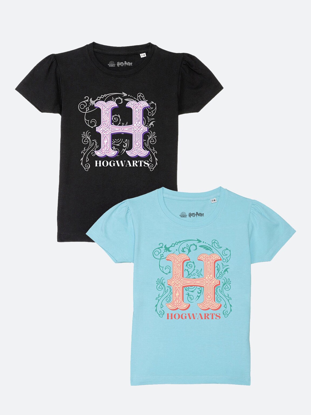 

YK Warner Bros Girls Black & Sky Blue Typography Pack Of 2 Printed T-shirt