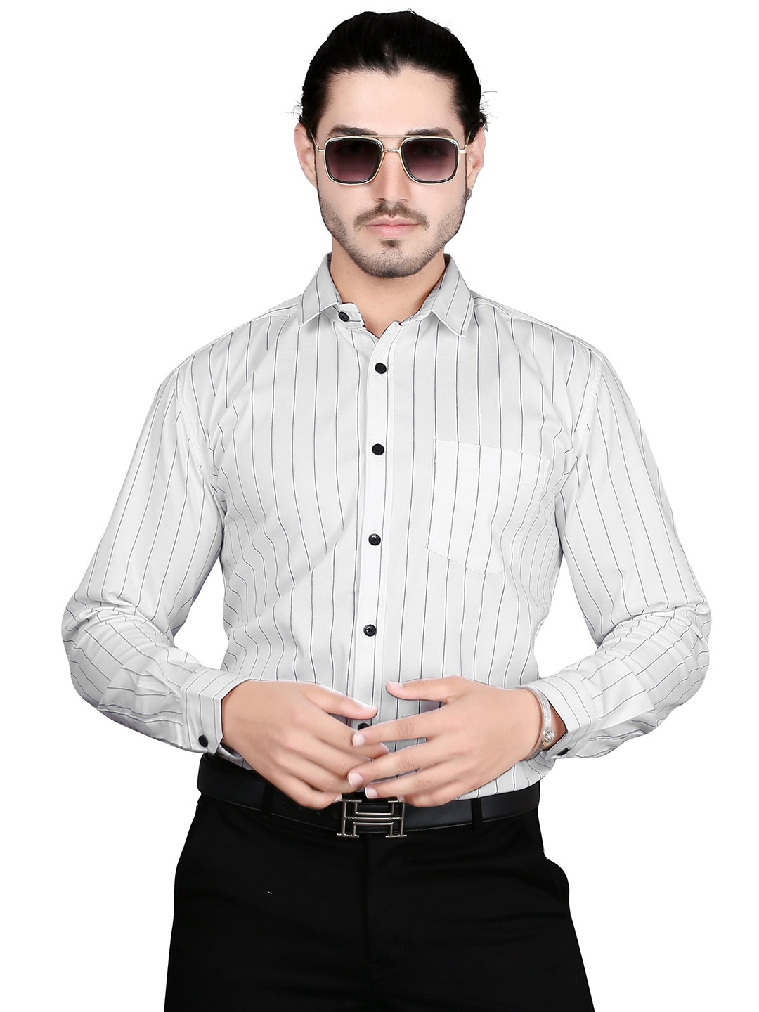 

5TH ANFOLD Men White Slim Fit Striped Casual Shirt