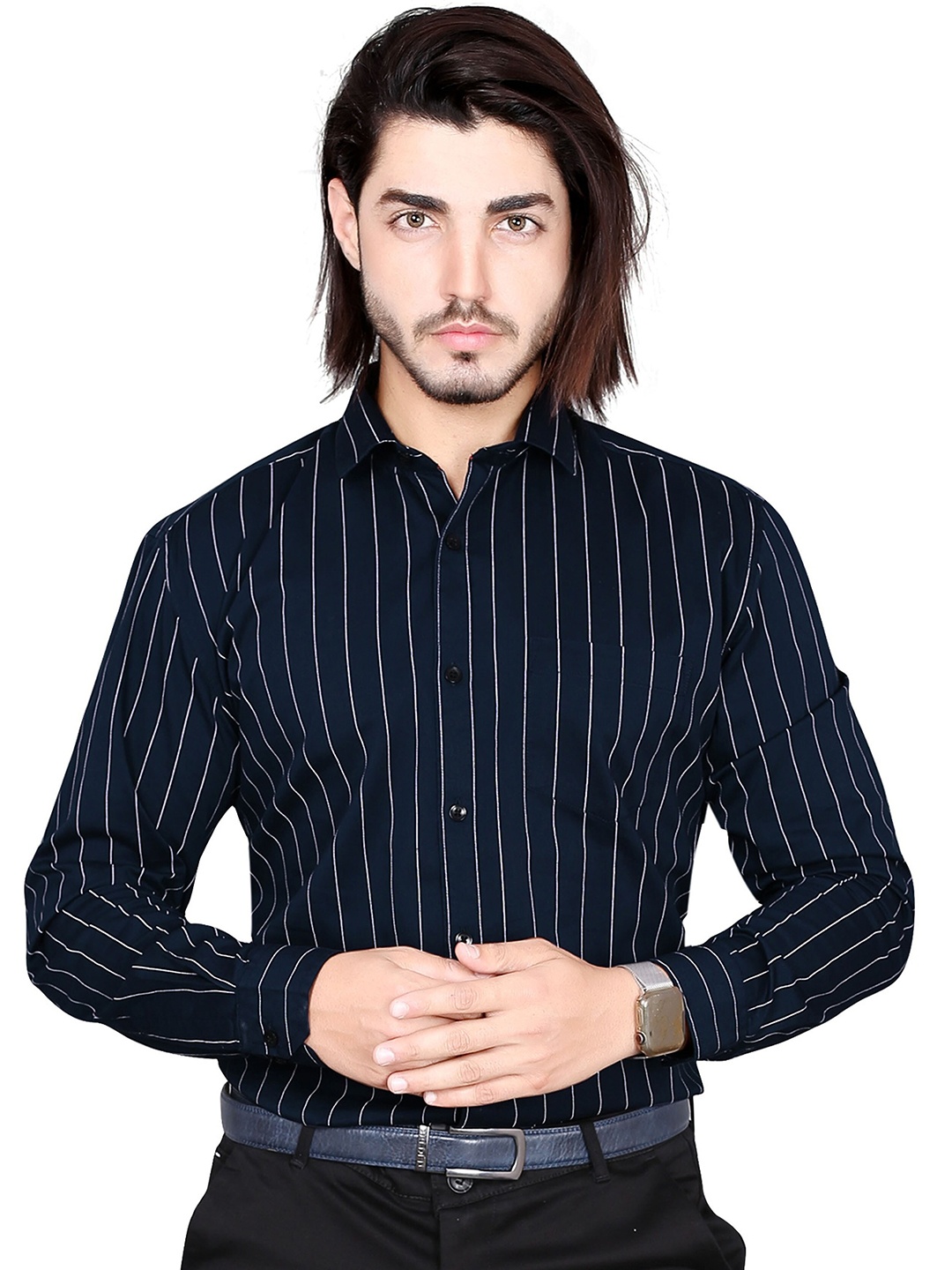 

5TH ANFOLD Men Navy Blue Slim Fit Striped Casual Shirt