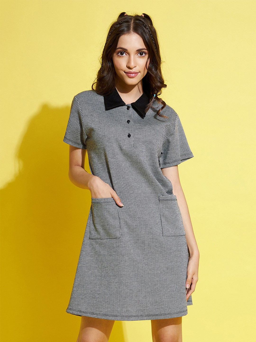 

Noh Voh - SASSAFRAS Kids Girls Black & White Tweed Polo Neck Dress