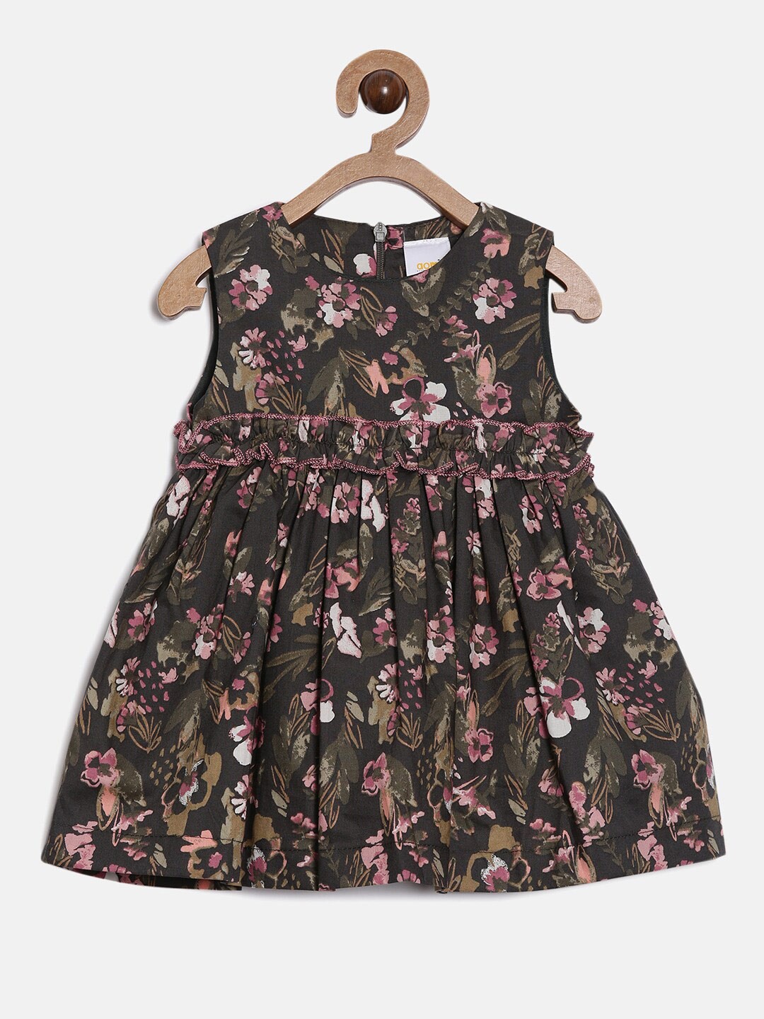 

Aomi Kids Girls Olive Green Floral Printed Ruffle Waist Round Dress