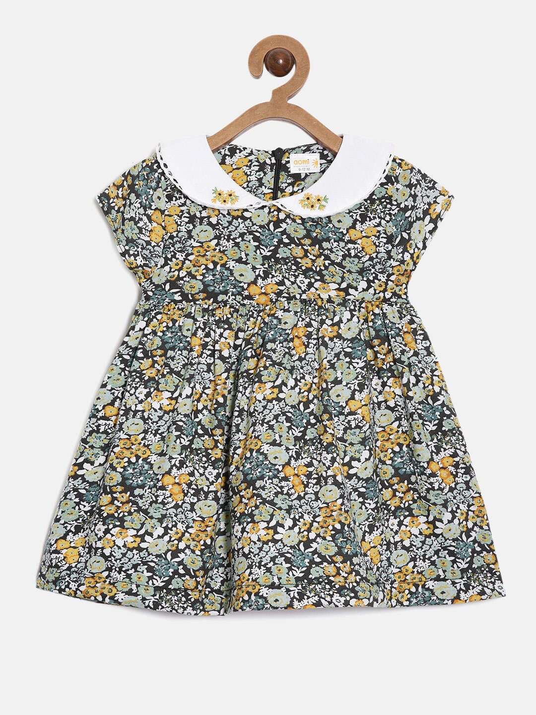 

Aomi Kids Girls Yellow Floral Printed Embroidered Peter Pan Collar Dress