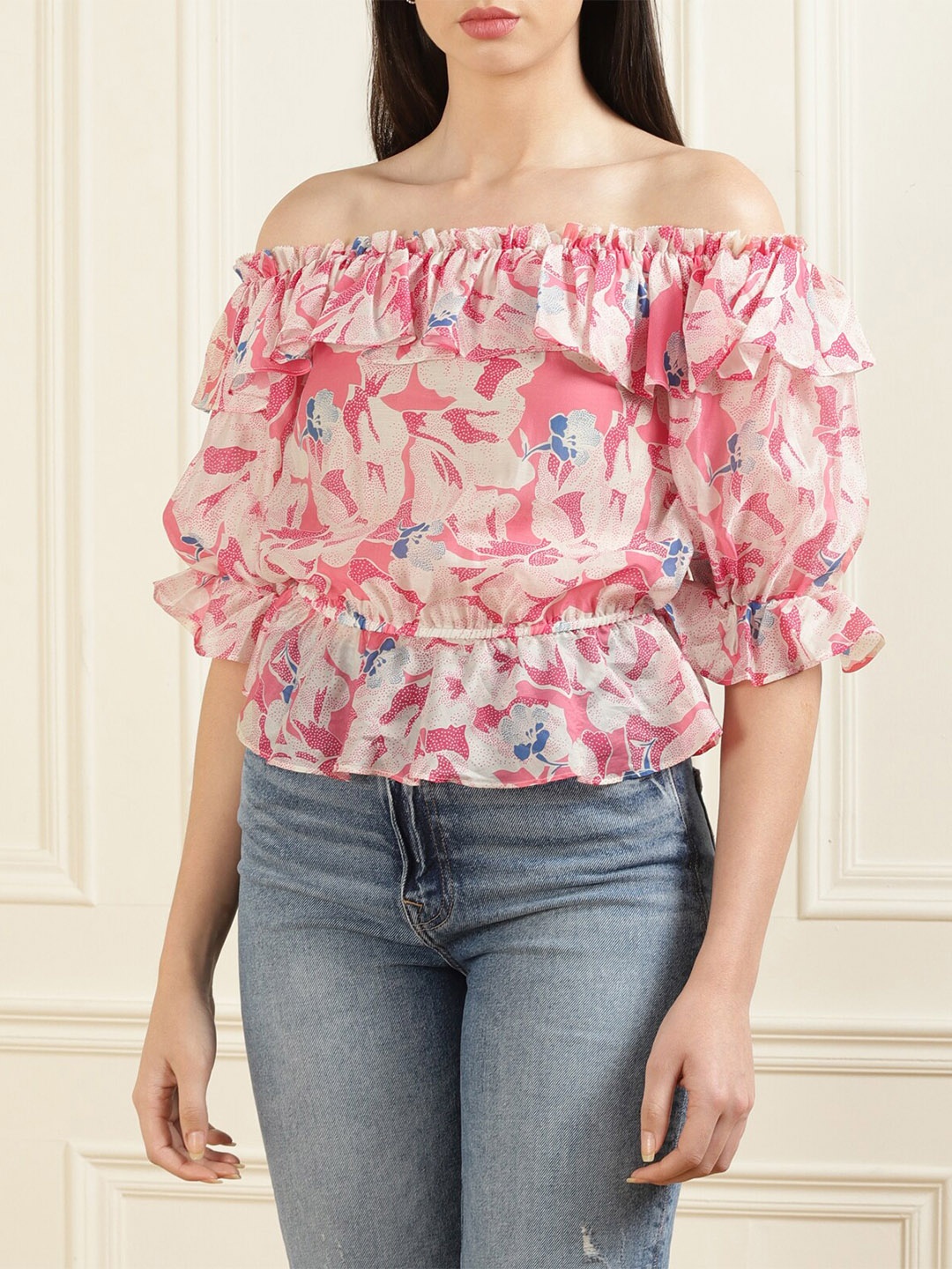 

Ted Baker Women Pink Floral Print Off-Shoulder Bardot Top