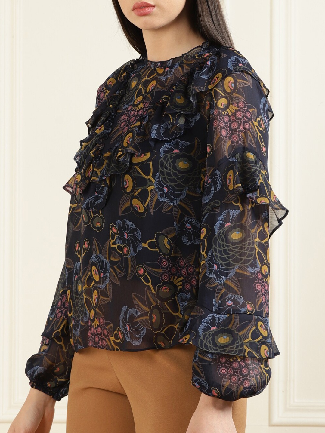 

Ted Baker Women Navy Blue Floral Print Ruffle Top