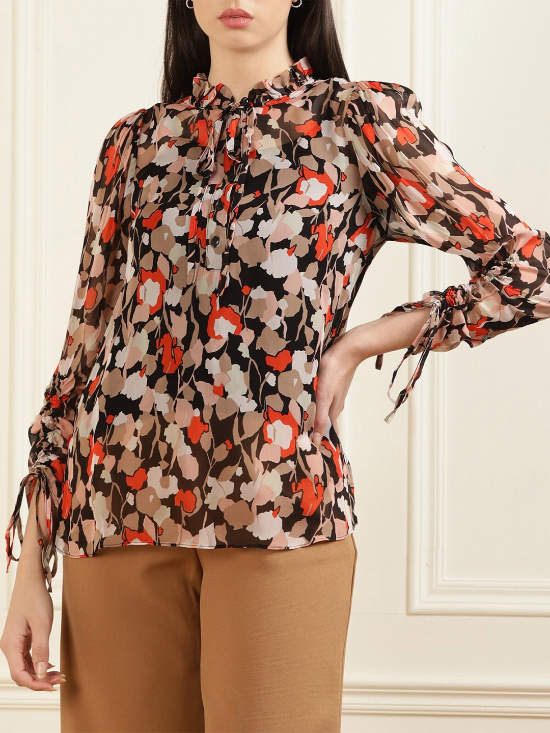 

Ted Baker Women Pink Floral Print Tie Up neck Top