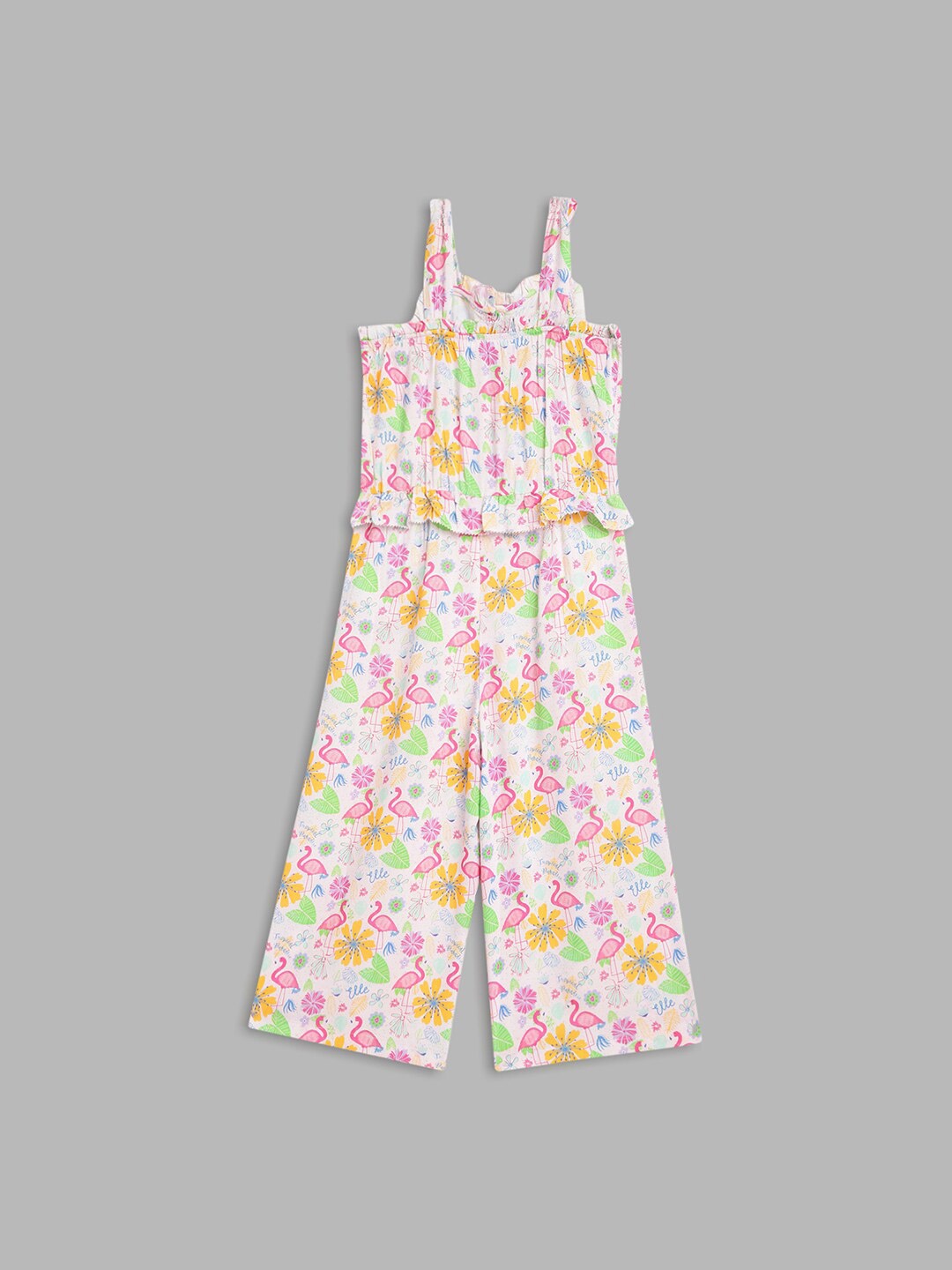 

ELLE Girls White & Pink Printed Basic Jumpsuit