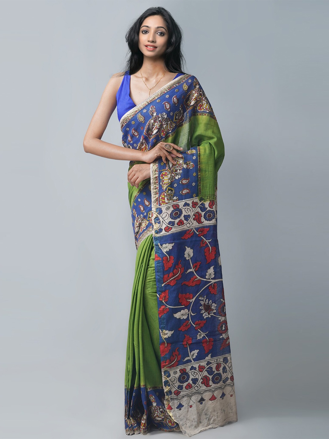 

Unnati Silks Green & Blue Kalamkari Pure Cotton Kanjeevaram Saree