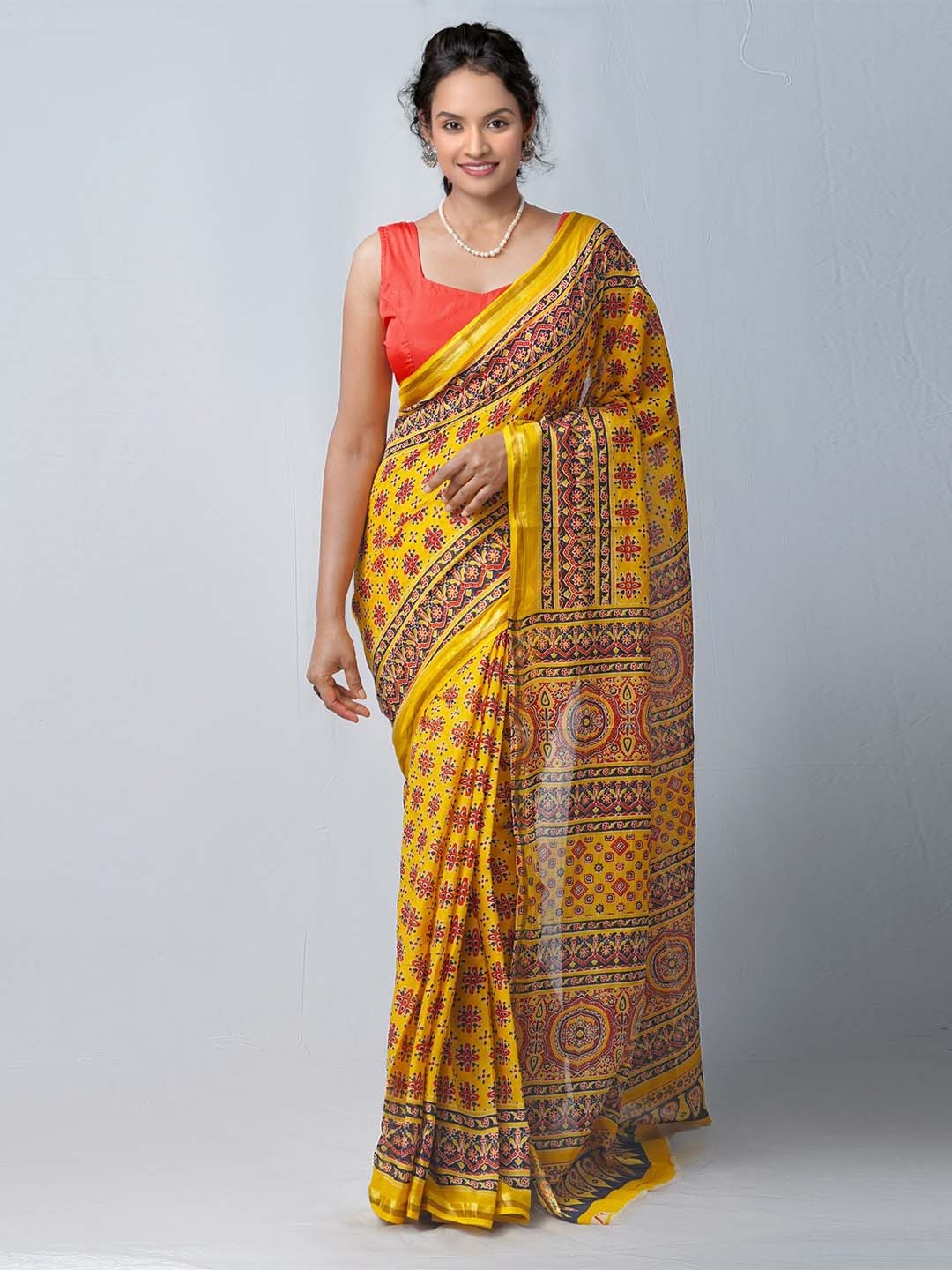 

Unnati Silks Yellow & Red Ajrakh Printed Pure Cotton Kota Saree