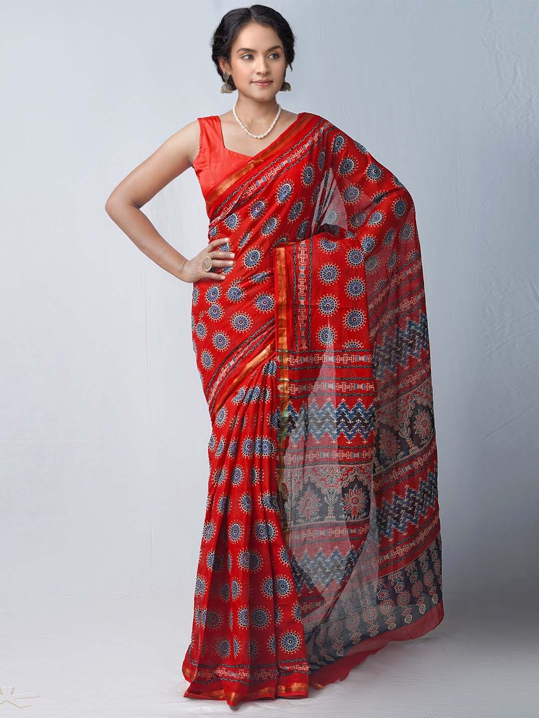 

Unnati Silks Red & Blue Pure Cotton Ajrakh Handloom Kota Saree
