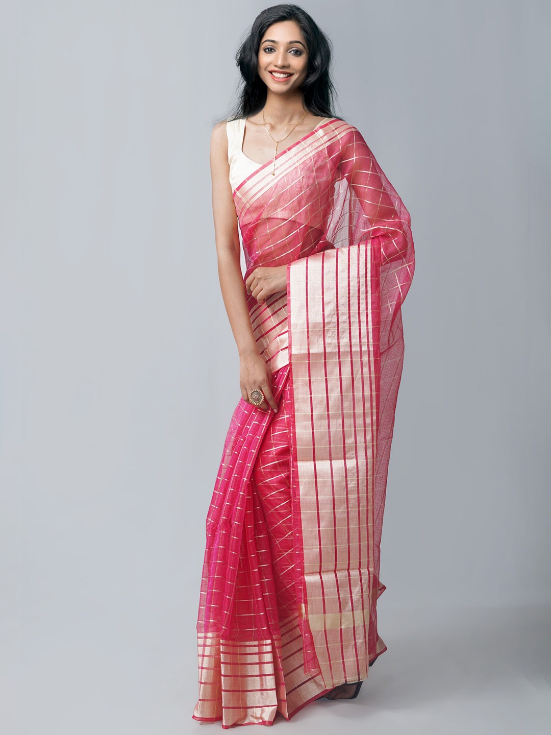 

Unnati Silks Pink & Silver-Toned Checked Zari Silk Cotton Banarasi Kota Saree