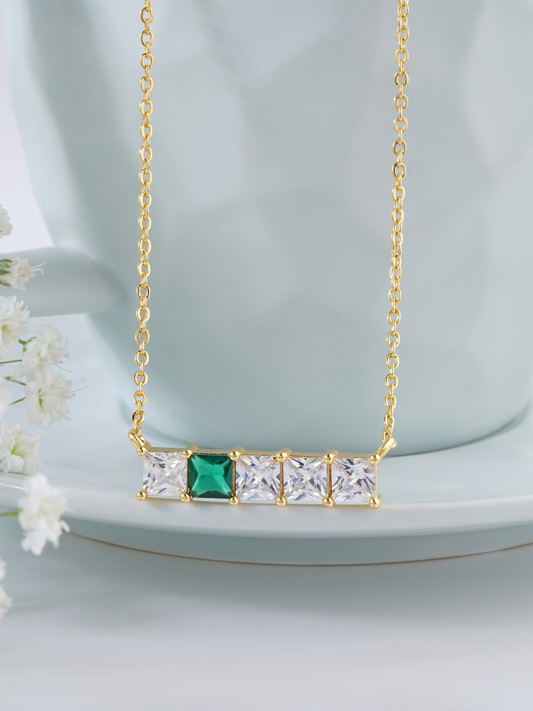 

MINUTIAE Gold-Plated & Green Brass Square Crystal Bar Pendant Necklace